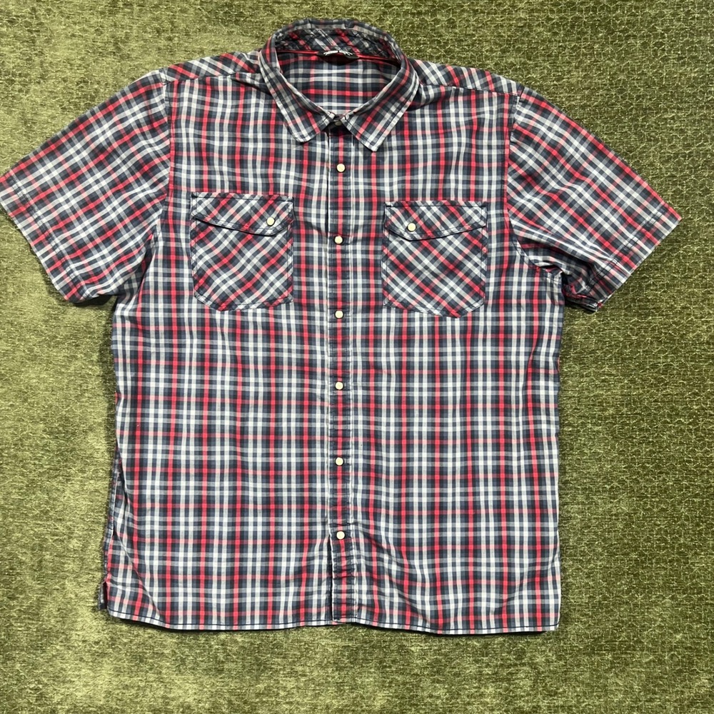 The North Face Button Down Shirt Mens XL Red Plaid Short Sleeve Pearl Snap